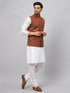 Vastramay Men's Coffee Matka Silk Nehru Jacket With White Silk Blend Kurta Pyjama Set